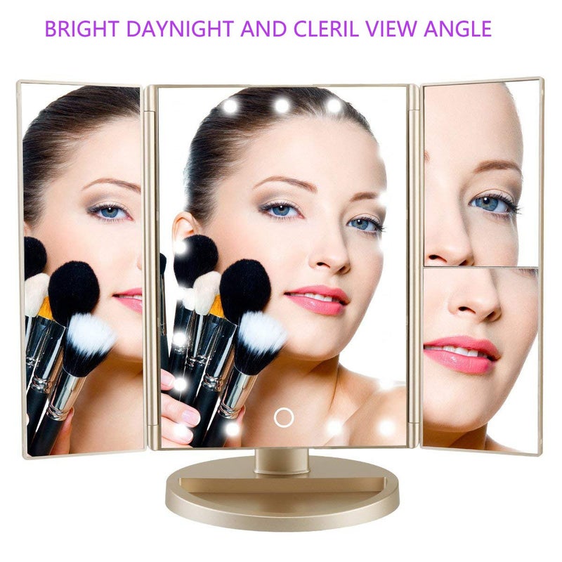 deweisn Floor Mount Tri-Fold Lighted Vanity Mirror with 21 LED Lights, Touch Screen and 3X/2X/1X Magnification, Two Power Supply Modes Make Up Mirror,Travel Mirror - Image 3